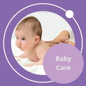 Baby lying on tummy receiving a gentle back massage. "Baby Care" is displayed in a circle. Image links to baby care starting point formulations.