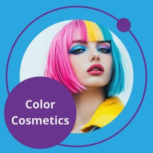 Woman with colorful bob hairstyle and bold eye makeup in blue, pink, and yellow. "Color Cosmetics" is displayed in a circle. Links to color cosmetics starting point formulations.