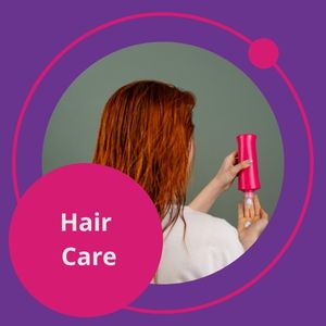 Person with wet hair applying product from a pink bottle. "Hair Care" is displayed in a circle. The image links to hair care trends.