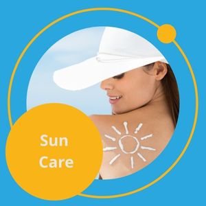 Woman in a white hat with sunscreen drawn as a sun on her back. "Sun Care" is displayed in a circle. The image links to sun care starting point formulations.