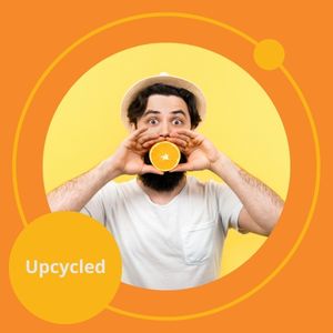 azelis-care-upcycled Smiling man in a hat holding an orange slice over his mouth, standing against a bright yellow background. "Upcycled" is displayed in a circle.