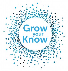 Text "Grow your Know" is centered inside a circular pattern of blue dots on a white background.
